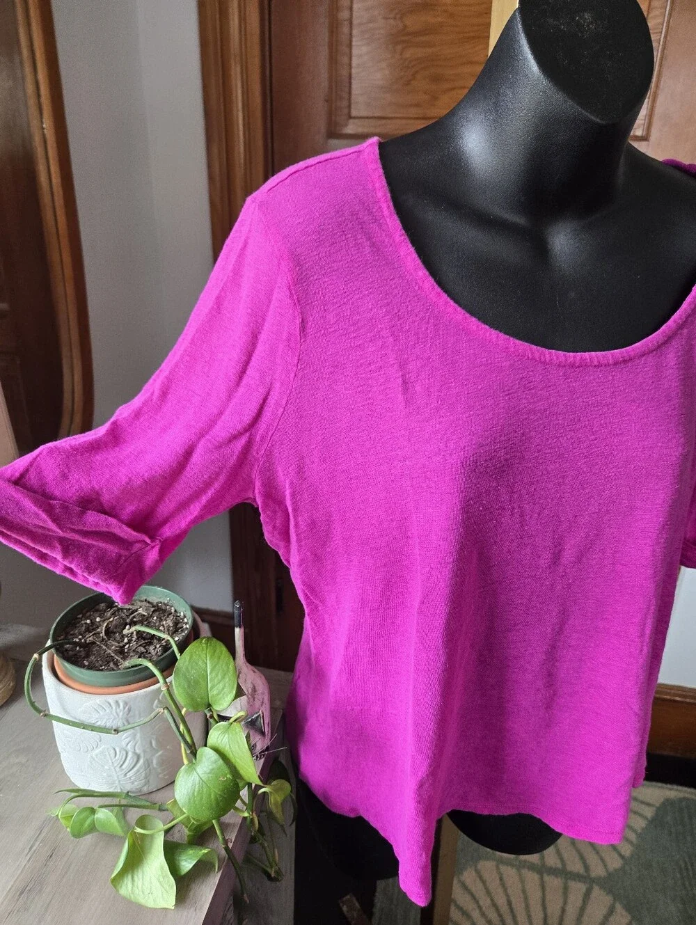 Ralph Lauren Fuschia 100% Linen Wide-Neck 1/2 Sleeve Crop Too XL - Picture 2 of 7